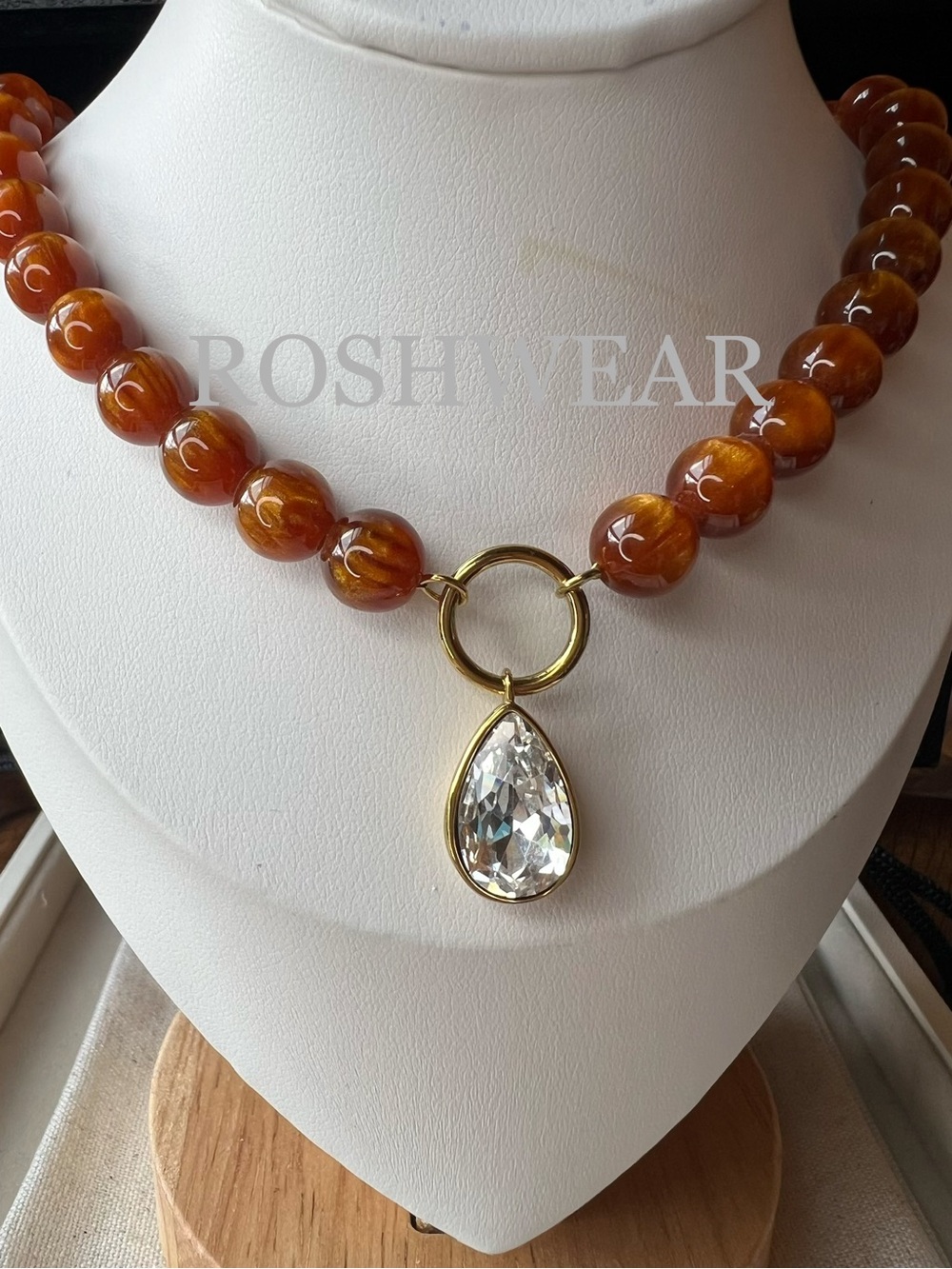 Amber Resin Bead Necklace with Gold Ring and Teardrop Crystal Pendant NWOT
